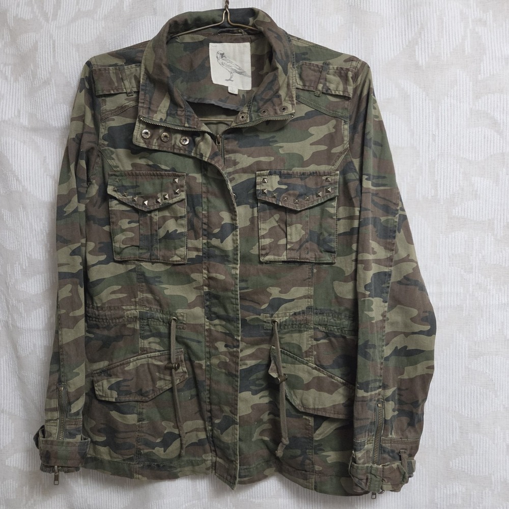 Womens L Camo Military Utility Jacket Full Zip Pockets Studs Indie Grunge Street